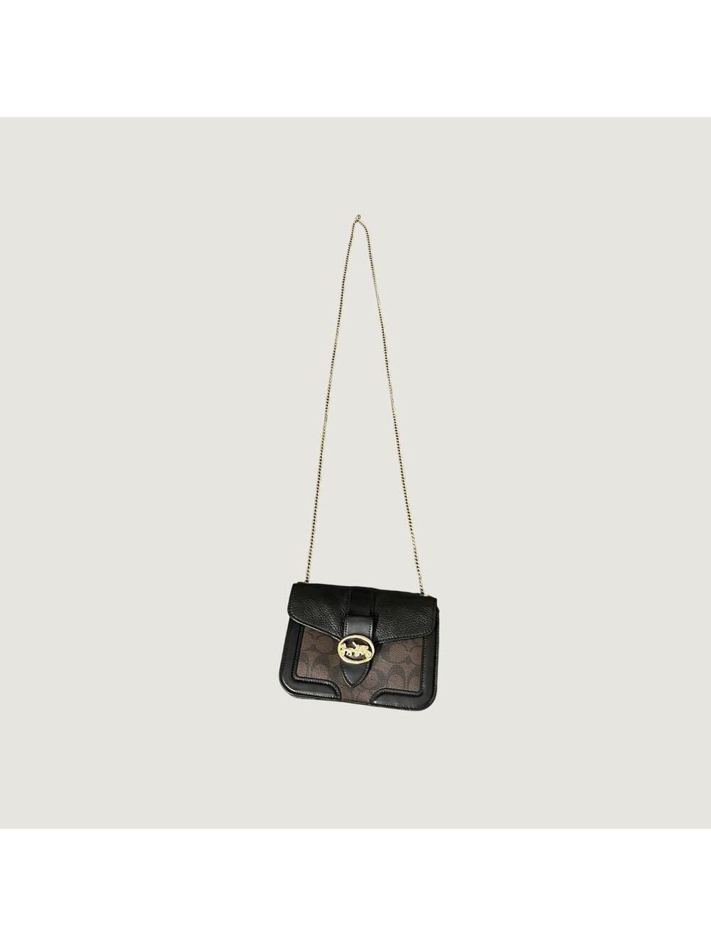 Coach Signature Brown and Black Leather Crossbody Bag with Gold Chain